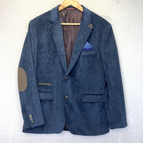 Johnston & Murphy Corduroy Elbow Patch Blazer Jacket Mens Small Navy Blue Preppy - Picture 1 of 16